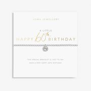 Joma A Little Happy 60th Birthday Bracelet on sentiment card, silver-plated beaded stretch Bracelet with a sparkly round charm.