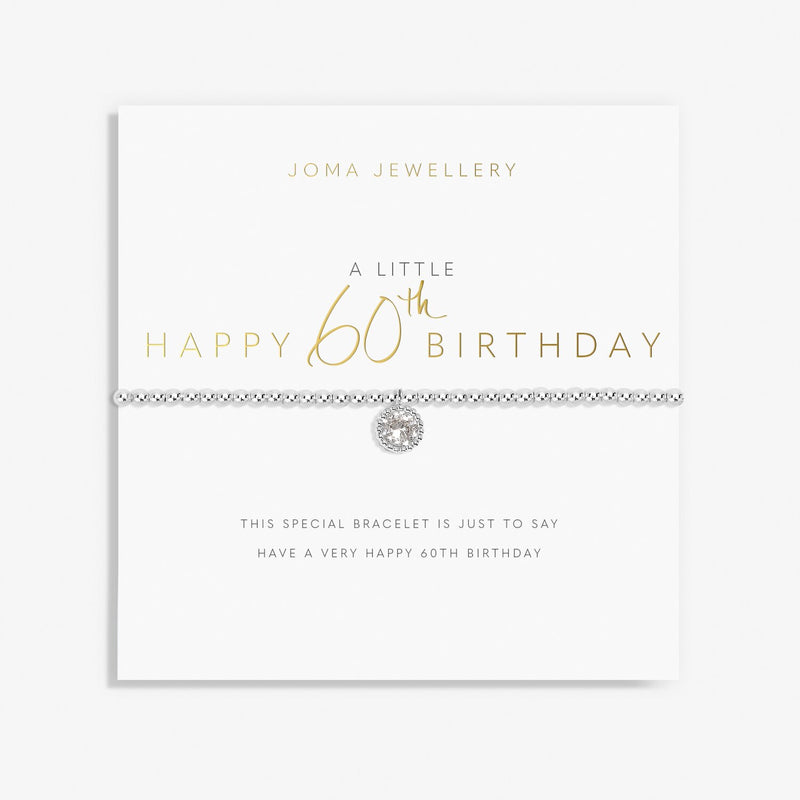 Joma A Little Happy 60th Birthday Bracelet on sentiment card, silver-plated beaded stretch Bracelet with a sparkly round charm.