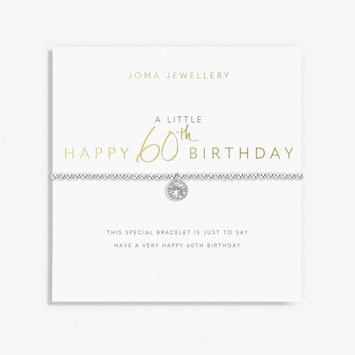 Joma A Little Happy 60th Birthday Bracelet on sentiment card, silver-plated beaded stretch Bracelet with a sparkly round charm.