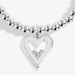 Close-up of Joma A Little Happy Birthday Daughter Bracelet charm, silver double heart with crystal detail on beaded Bracelet.