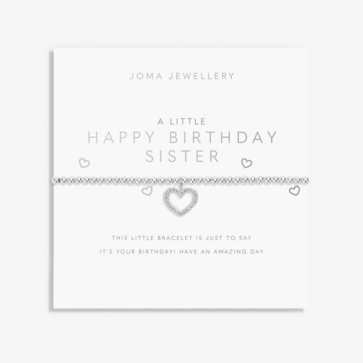 Joma A Little Happy Birthday Sister Bracelet on sentiment card, silver-plated beaded stretch Bracelet with open heart charm.