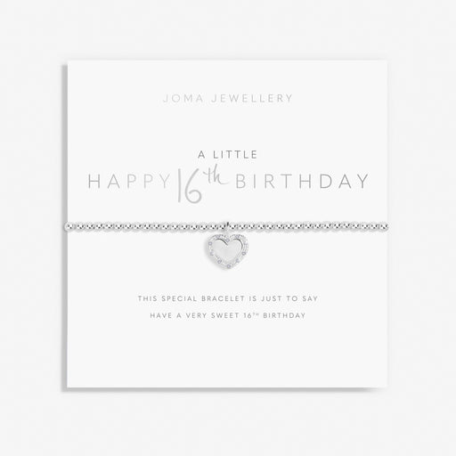 Joma A Little Happy Sweet 16th Birthday Bracelet on sentiment card, silver-plated beaded stretch Bracelet with crystal heart charm.