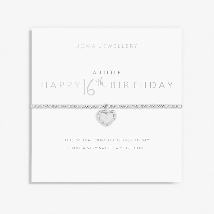 Joma A Little Happy Sweet 16th Birthday Bracelet on sentiment card, silver-plated beaded stretch Bracelet with crystal heart charm.