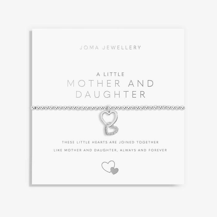 Joma A Little Mother and Daughter Bracelet on sentiment card, silver-plated beaded stretch Bracelet with interlinked heart charms.