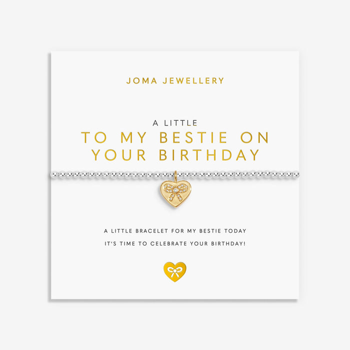 Joma A Little To My Bestie On Your Birthday Bracelet on sentiment card, silver-plated beaded stretch Bracelet with gold heart charm.