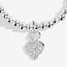 Close-up of double heart charm with pavé crystal heart on silver-plated beaded Bracelet