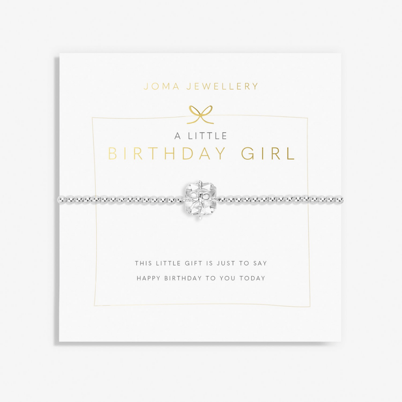 Joma Jewellery A Little Birthday Girl bracelet with sparkling present charm on its sentiment card
