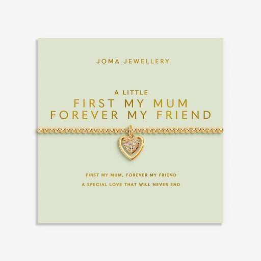 Joma Jewellery A Little First My Mum Forever My Friend Bracelet on green sentiment card, gold-plated beaded Bracelet gift for Mum.