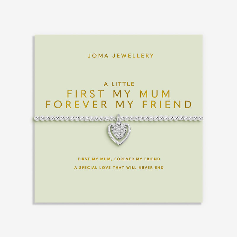 Joma Jewellery A Little First My Mum Forever My Friend Bracelet presented on green sentiment card, silver-plated beaded Bracelet gift.