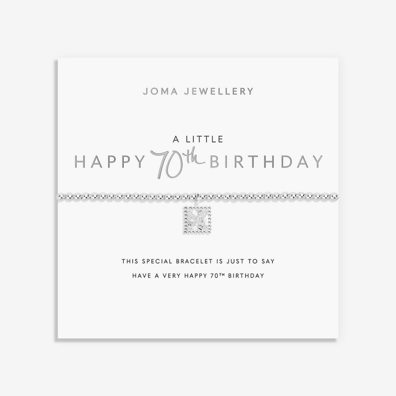 Joma Jewellery Happy 70th Birthday bracelet on its milestone sentiment card