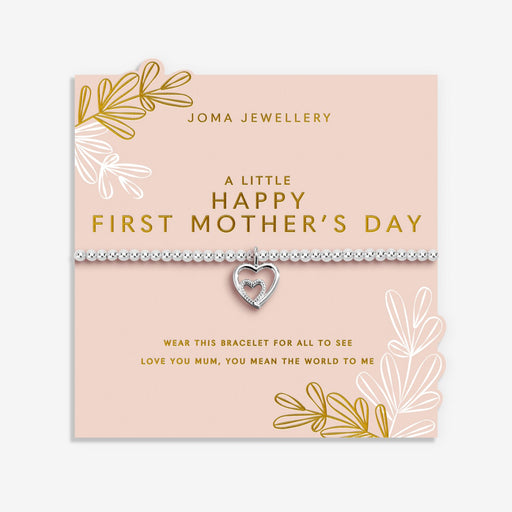 Joma Jewellery A Little Happy First Mother’s Day Bracelet presented on pink sentiment card with floral sprig design, new mum gift.