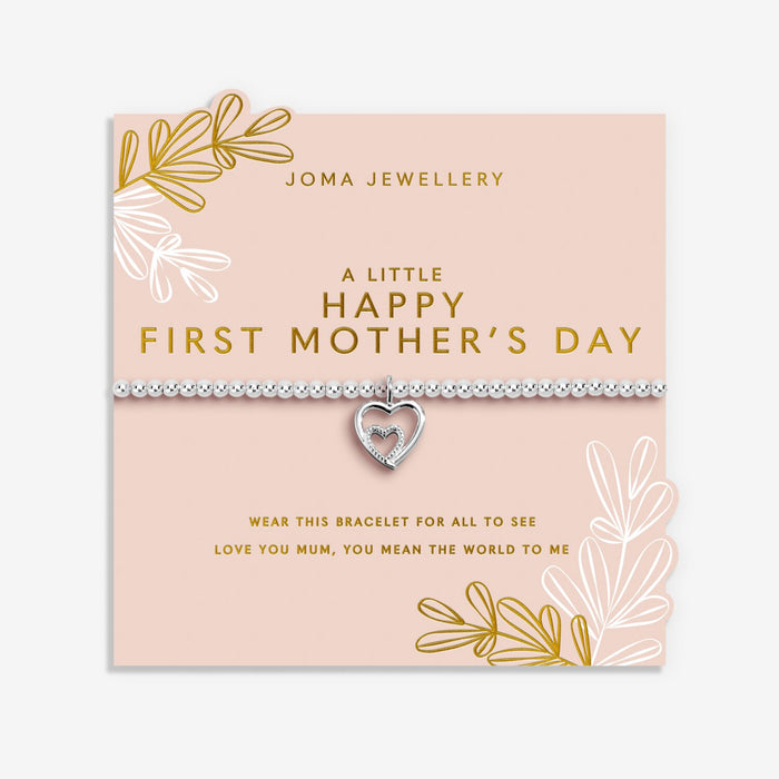 Joma Jewellery A Little Happy First Mother’s Day Bracelet presented on pink sentiment card with floral sprig design, new mum gift.