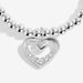 Close-up of the silver-plated heart charm on the Joma Jewellery Mother’s Day Bracelet with sparkling crystal-style detail.