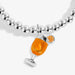 Close-up of spritz glass charm on silver-plated beaded Bracelet with orange enamel and citrus slice charm
