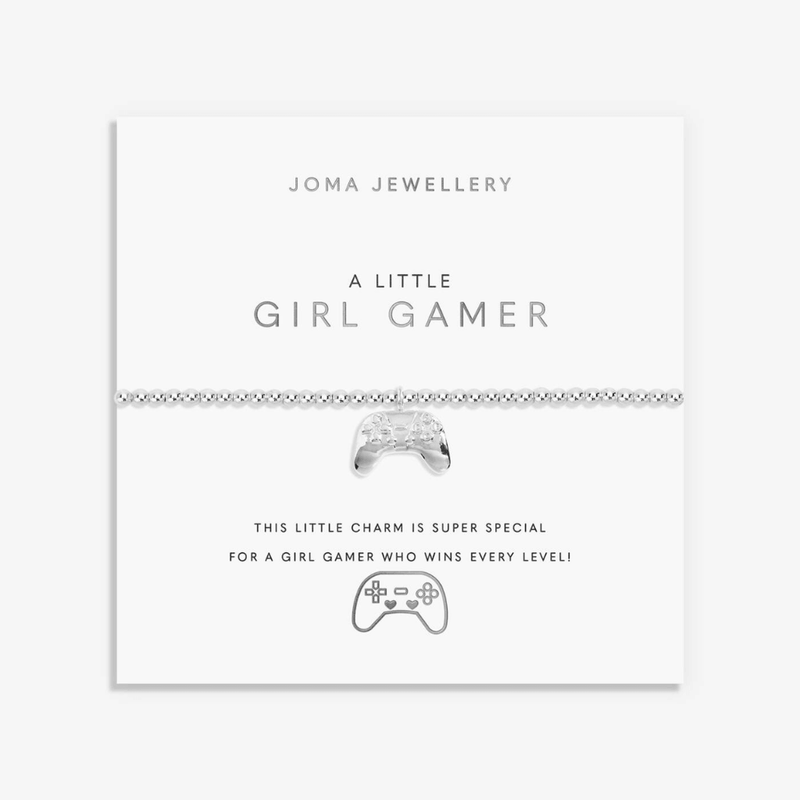 Joma Jewellery A Little Girl Gamer bracelet on sentiment card with silver beaded bracelet and controller charm