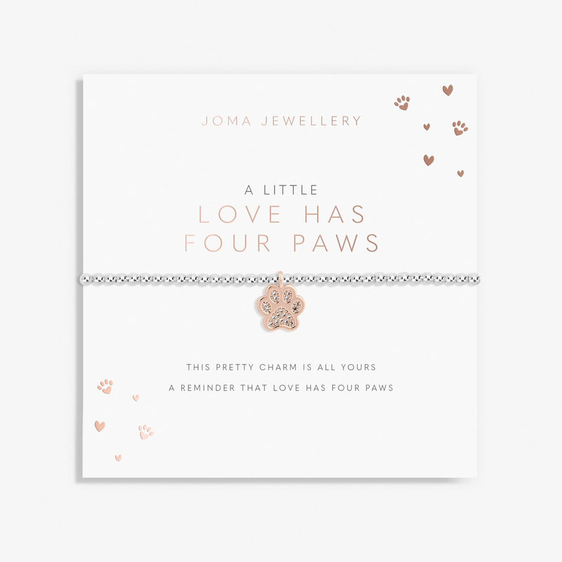 Joma Jewellery A Little Love Has Four Paws Bracelet on sentiment card, silver-plated beaded stretch Bracelet with rose gold paw charm and crystal detail
