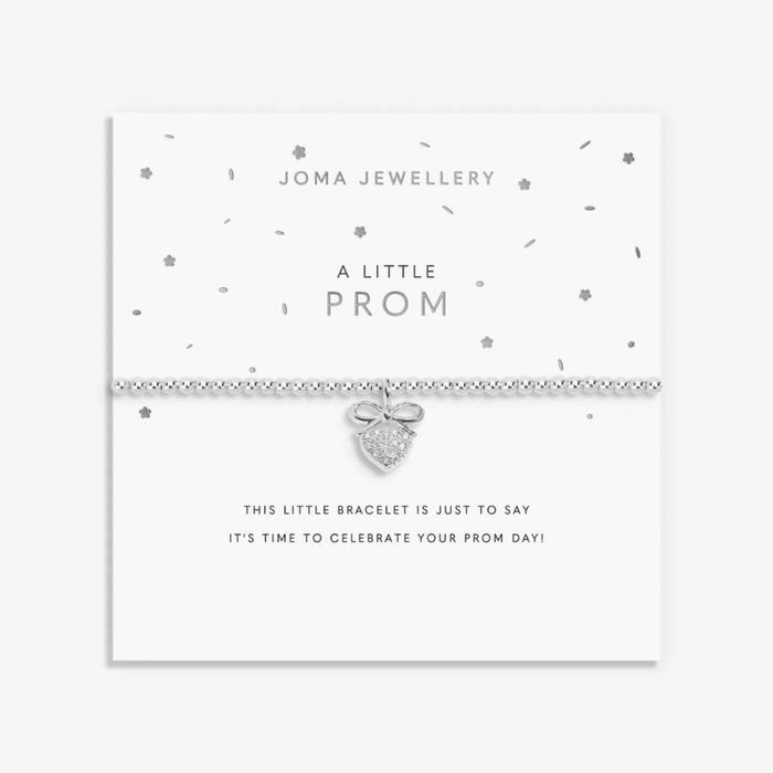 Joma Jewellery A Little Prom bracelet on sentiment card with silver beaded bracelet and heart bow charm