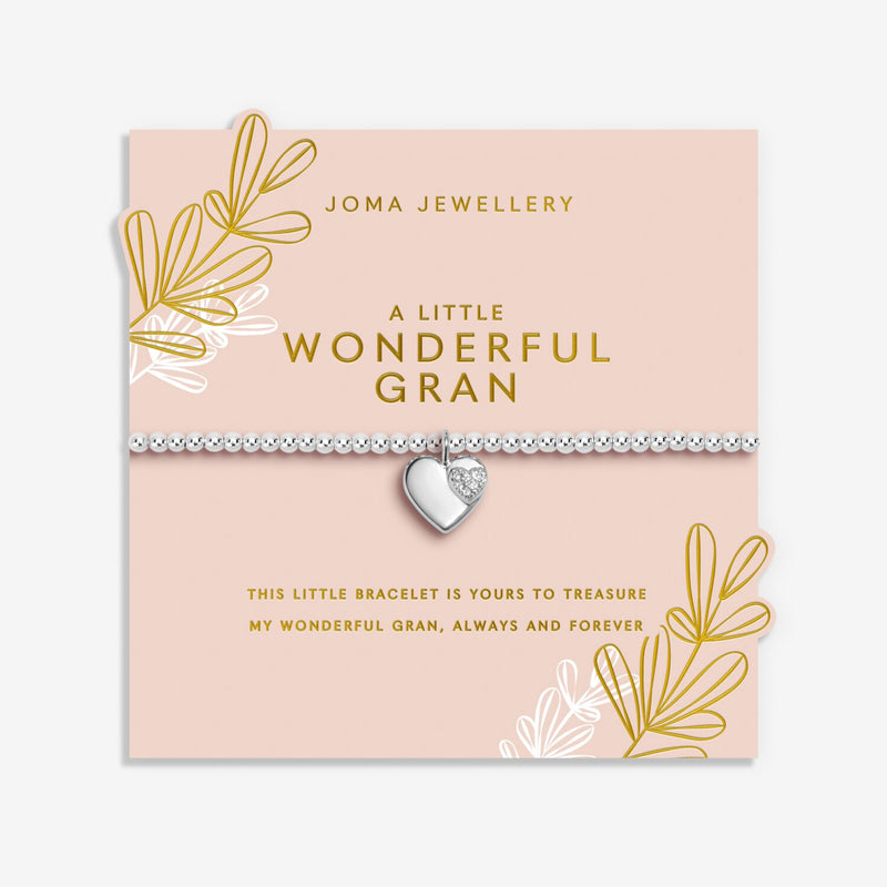 Joma Jewellery A Little Wonderful Gran Bracelet on pink sentiment card with floral sprig design, silver-plated beaded Bracelet gift for Gran.