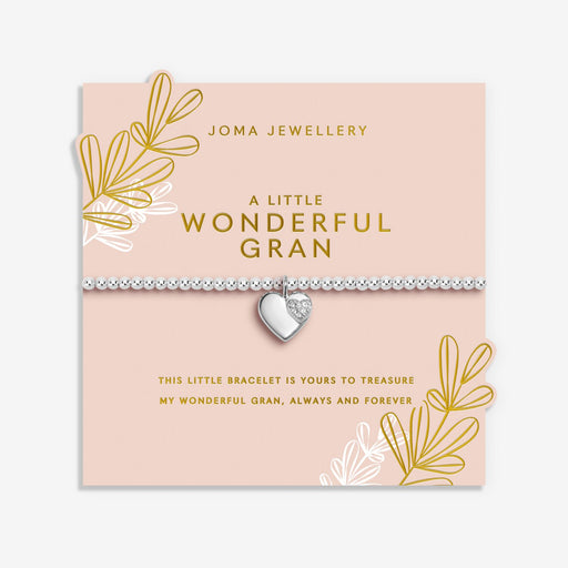 Joma Jewellery A Little Wonderful Gran Bracelet on pink sentiment card with floral sprig design, silver-plated beaded Bracelet gift for Gran.