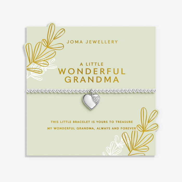 Joma Jewellery A Little Wonderful Grandma Bracelet on green sentiment card with floral sprig design, silver-plated beaded Bracelet gift for Grandma.