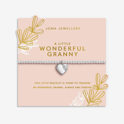Joma Jewellery A Little Wonderful Granny Bracelet on pink sentiment card with floral sprig design, silver-plated beaded Bracelet gift for Granny.