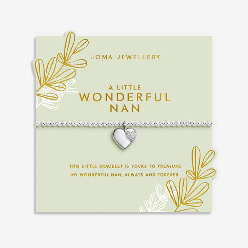 Joma Jewellery A Little Wonderful Nan Bracelet on green sentiment card with floral sprig design, silver-plated beaded Bracelet gift for Nan.