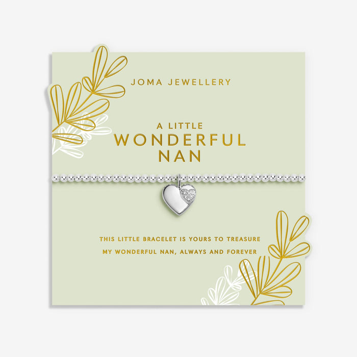 Joma Jewellery A Little Wonderful Nan Bracelet on green sentiment card with floral sprig design, silver-plated beaded Bracelet gift for Nan.