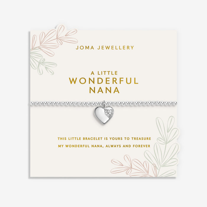 Joma Jewellery A Little Wonderful Nana Bracelet on sentiment card with floral sprig design, silver-plated beaded Bracelet gift for Nana.