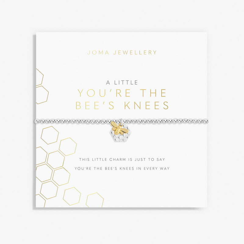 Joma Jewellery Bee’s Knees bracelet displayed on white honeycomb gift card, playful present for her.


