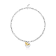Front view of Joma Jewellery Bee’s Knees silver beaded bracelet featuring honeycomb hexagon and golden bee charm, perfect bracelet gift for her.
