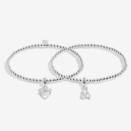 Joma Jewellery linked Christmas bracelets gift set – silver beaded duo with heart present charm and star trio charm.
