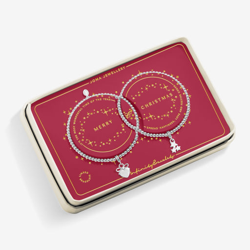 Festive red tin showcasing Joma Jewellery linked Christmas bracelet gift set – perfect Christmas jewellery gift for her.
