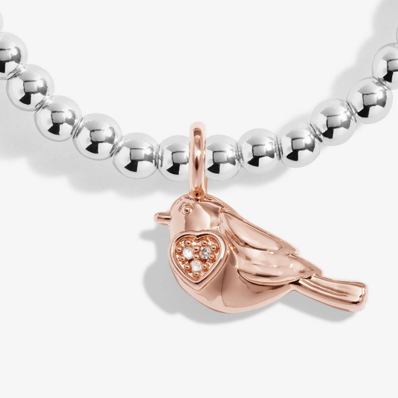 Rose gold-plated robin charm on Joma Jewellery Christmas bracelet