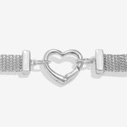Macro shot showing the gleaming silver heart carabiner clasp joining the fine woven mesh links.

