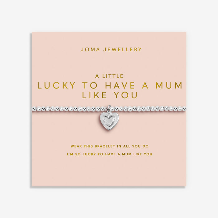 Joma Jewellery A Little Lucky To Have A Mum Like You Bracelet presented on pink sentiment card, silver-plated beaded Bracelet gift.