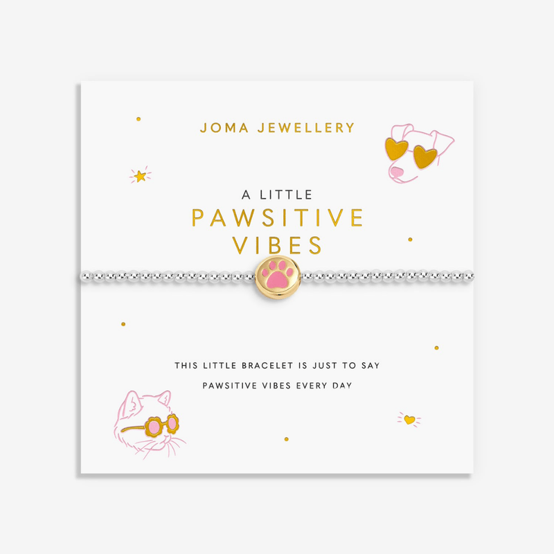 Joma Jewellery Pawsitive Vibes bracelet on its illustrated sentiment card