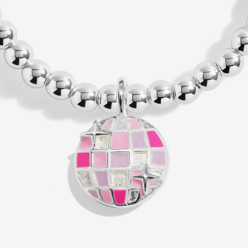 Close-up of the pink, lilac and silver disco ball bracelet charm