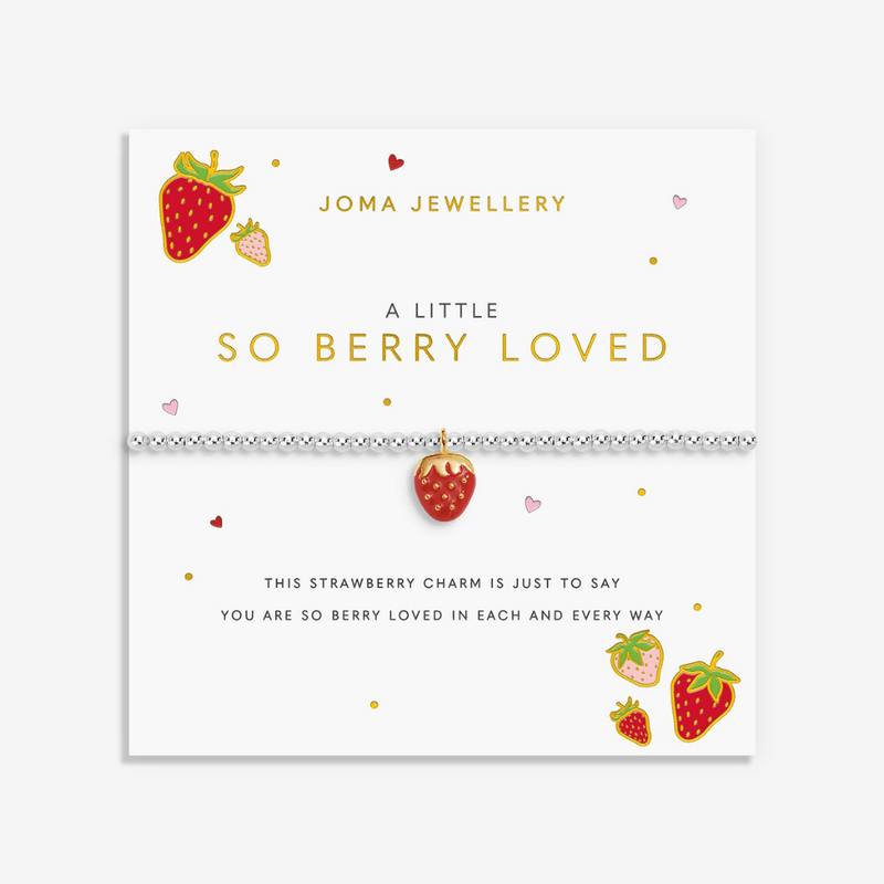 Joma Jewellery So Berry Loved strawberry bracelet on illustrated sentiment card