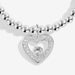 Close-up of open heart charm with crystal details on silver-plated beaded Bracelet