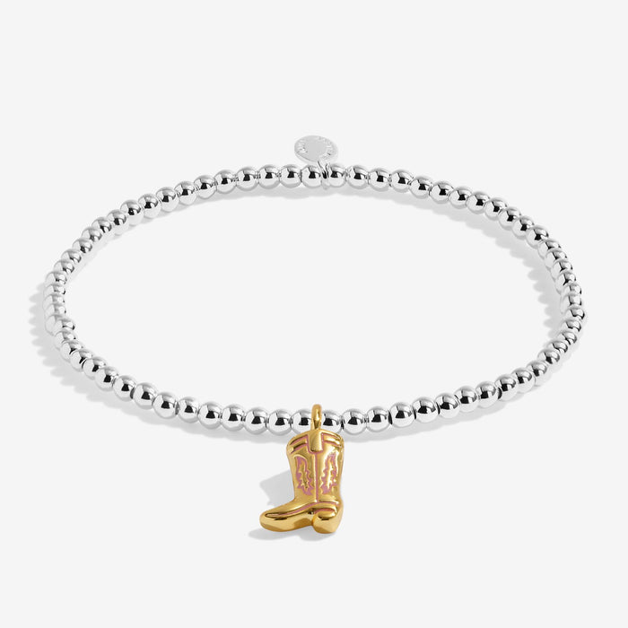 Joma silver-plated stretch Bracelet with cowgirl boot charm shown on a white background