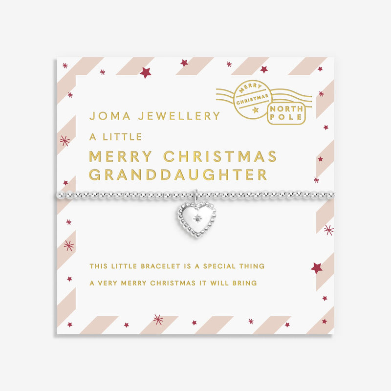 Joma Jewellery Merry Christmas Granddaughter heart bracelet on candy‑stripe card – Christmas gifts for kids and women.
