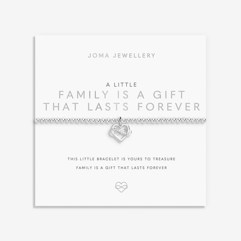 Joma Jewellery “Family Is a Gift” infinity heart bracelet on card – meaningful Joma bracelets, thoughtful gifts for her.

