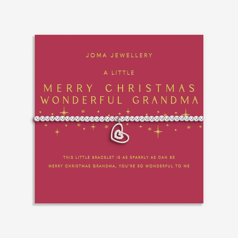 Display card for A Little “Merry Christmas Wonderful Grandma” bracelet – rich red with gold stars and loving message.