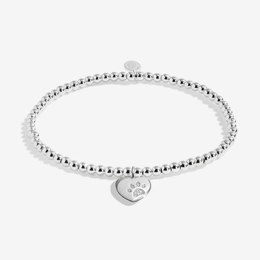 Joma Jewellery silver beaded bracelet with pavé paw‑print heart charm – chic bracelets and gifts for her.
