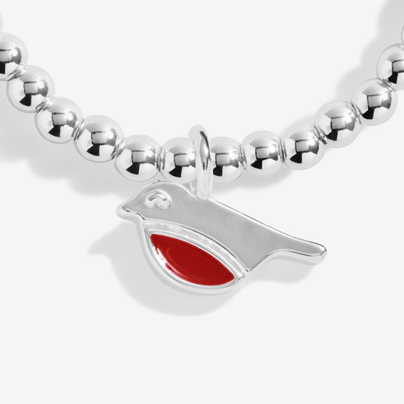Close‑up red‑breasted robin charm on Joma Jewellery silver bead bracelet – cute Christmas Gifts For Kids and thoughtful gifts for her.
