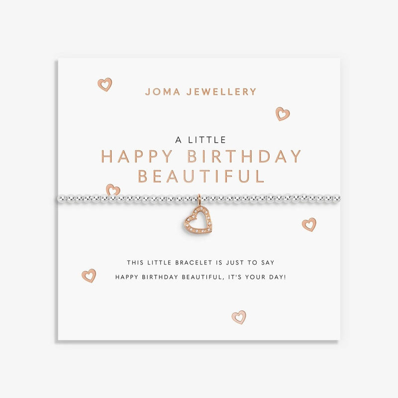 Joma Jewellery Happy Birthday Beautiful bracelet on white card with rose‑gold heart – stylish bracelets, gifts for her and women.
