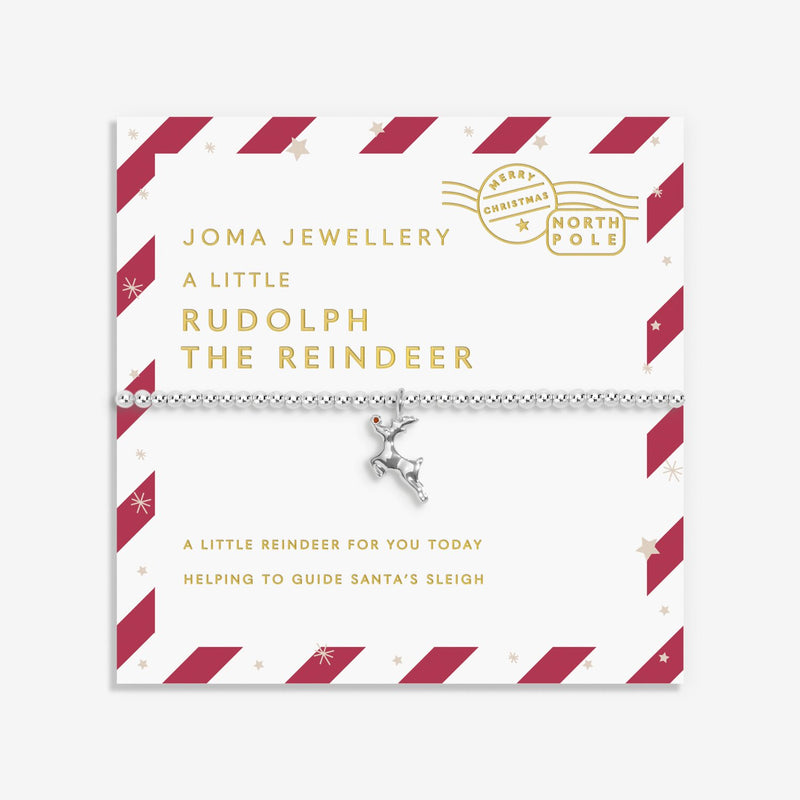 Joma Rudolph bracelet on candy-cane stripe Christmas card