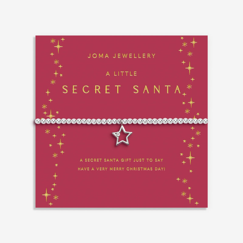 Gift display card for A Little “Secret Santa” bracelet – red and gold Christmas stars with merry message for seasonal gifting.


