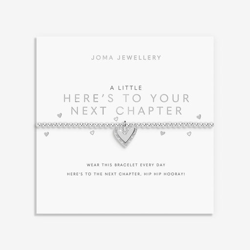 Joma Jewellery “Here’s To Your Next Chapter” sparkle heart bracelet on white card – meaningful bracelets, thoughtful gifts for her.
