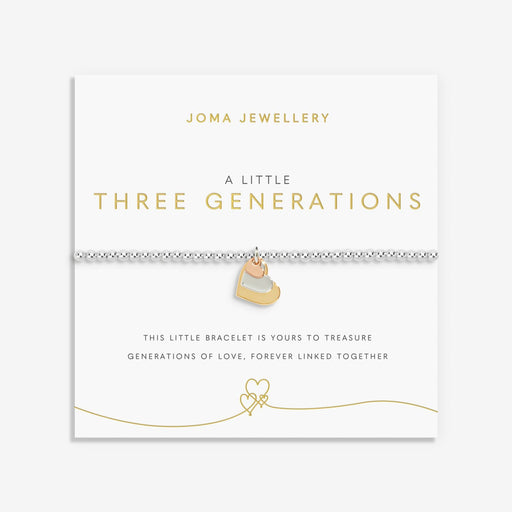 Joma Jewellery “Three Generations” heart bracelet on white card – meaningful Joma bracelets, thoughtful gifts for her.
